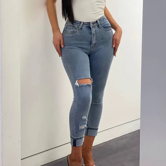 High Waist Distress Cutout Stretch Medium Wash Skinny Jeans - Picture 2 of 6